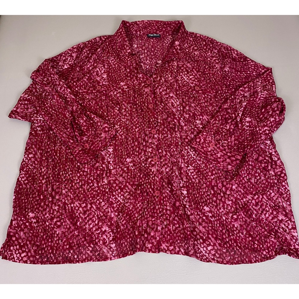 Maggie Barnes Blouse Plus 4X Magenta Animal Print Metallic Gold Lurex Button Up